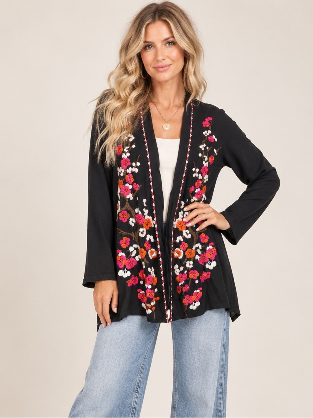 Johnny Was Black Embroidered Open-Front Floral Cardigan Sweater with Pockets